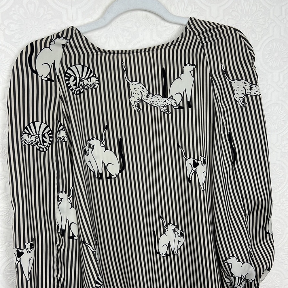 Zara Cat Lover Blouse Striped Black White Bold Novelty Kitty Animal Cats Shirt